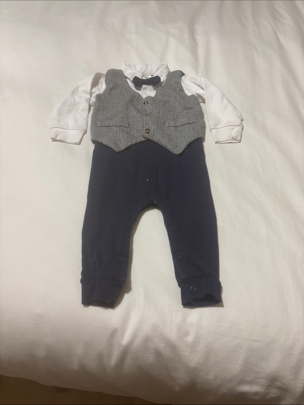 Baby Boy Navy and Gray One-Piece Outfit with Bow Tie